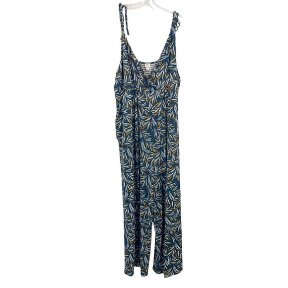 NEW Loft Blue Leaf Jersey Knit Wide Leg Jumpsuit Surplice Tie Straps Size XL - Picture 1 of 7